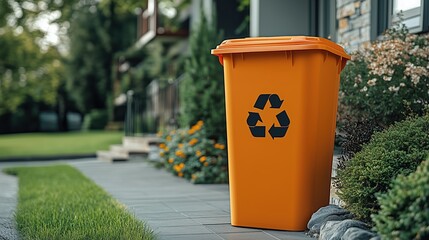 A vibrant orange recycling bin placed on a clean sidewalk within a lush garden. This image promotes waste management and environmental awareness.