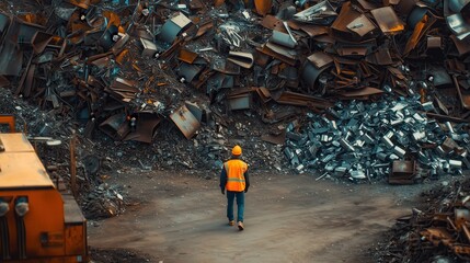A worker in a safety vest walks through a scrap metal yard surrounded by industrial waste, highlighting the importance of recycling and environmental protection.