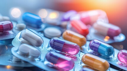 A vibrant display of various pills and capsules arranged on a blister pack, highlighting their colorful appearance against a blurred background.