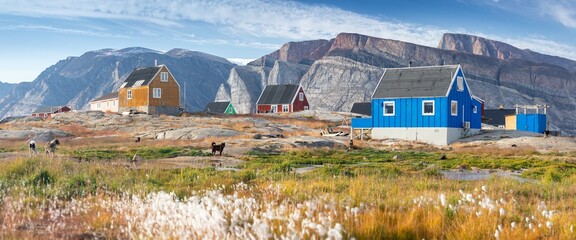 Panoramic view of colorful village in East Greenland. Houses in the small village during summer sunny day. Icebergs and mountains in the background. Typical buildings for Greenland. Romantic landscape