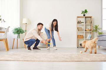 Young couple, happy family playing with cute pet puppy at home, childfree spouses enjoy time...