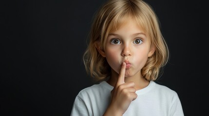 Fototapeta premium Young girl making shh gesture, serious expression, dark background.