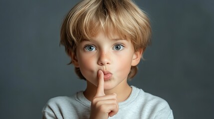 Fototapeta premium Young boy holding finger to lips, signaling for silence expression.