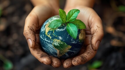 A person holds a small earth featuring a plant, symbolizing environmental care and sustainability,...