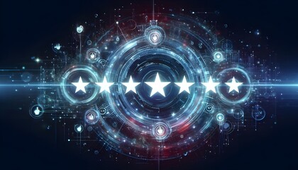 Obraz premium Abstract illustration of five-star rating bubbles with a digital, futuristic design. Online reviews for quality.