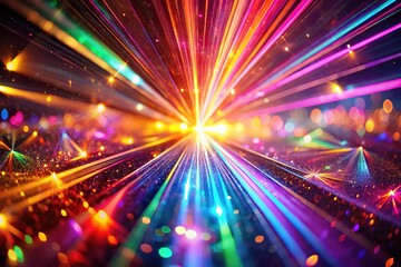 Obraz premium A cascade of iridescent purple, pink, and gold rays refracting through a prism, accompanied by sparkling light effects, brings enchanting radiance and vivid allure.