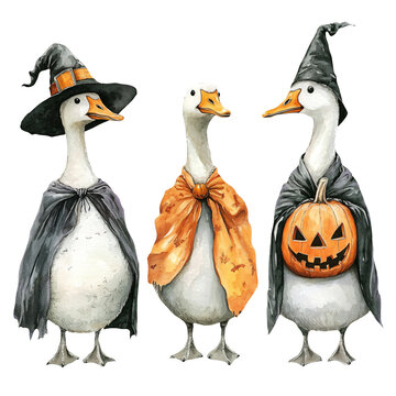 Quirky Watercolor Geese in Halloween Outfits - No Background, Perfect for T-Shirts Featuring Pumpkins, Capes, and Witch Hats