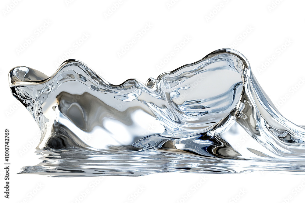 Poster abstract representation of fluid dynamics showcasing flowing liquid metal on a white isolated backgr