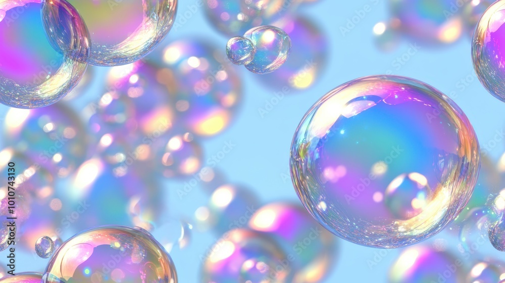 Wall mural seamless pattern of transparent soap bubbles floating against a light blue background, creating a pl