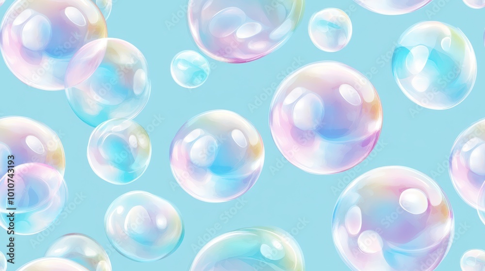 Wall mural seamless pattern of transparent soap bubbles floating against a light blue background, creating a pl