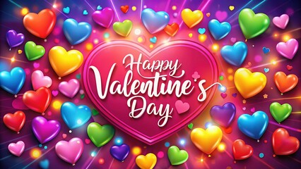 A joyful Valentineâ€™s Day banner decorated with lively heart shapes and a colorful backdrop, ideal for celebration decor to brighten any romantic gathering.