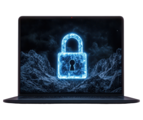 Laptop with blue neon glowing lock over a mountain background for cybersecurity on transparent background clipart