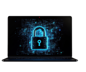 Laptop with blue neon digital lock on black background for cybersecurity design with transparent background clipart