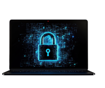 Laptop with blue neon digital lock on black background for cybersecurity design with transparent background clipart - Powered by Adobe