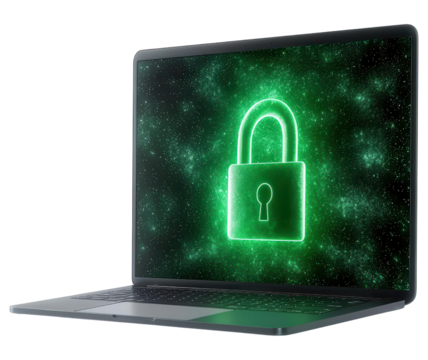 Laptop with green neon digital padlock over starry background for online security, transparent background clipart