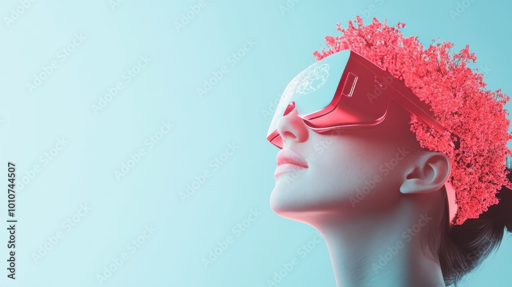 Poster a conceptual illustration of a person accessing virtual reality with a brain computer interface, rep