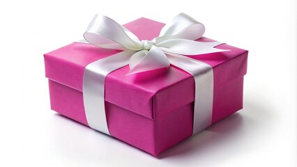 A pink gift box featuring a white ribbon bow, isolated on a clean white background, ideal for designs themed around celebrations and holidays alike.