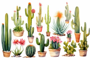 Watercolor cactus illustration with various desert plants, watercolor illustration concept 
