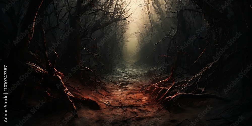 Poster A dark forest with a path through it