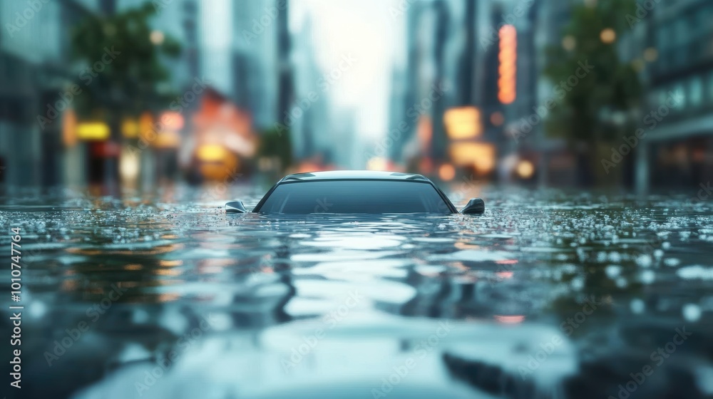 Sticker A flooded city street, with cars submerged in water, depicting the consequences of extreme weather events.