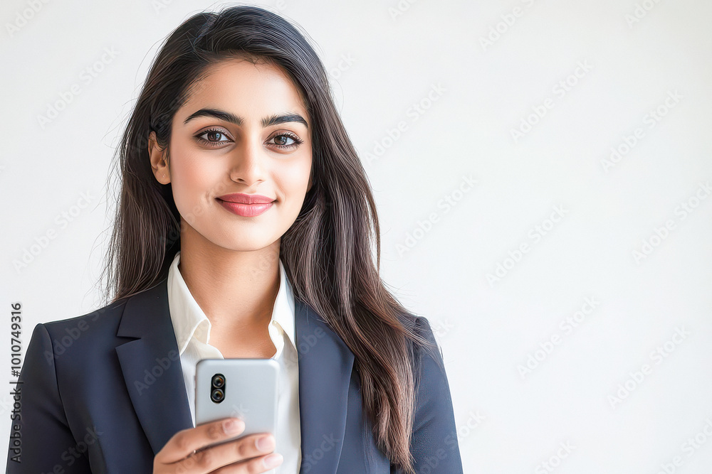 Sticker young indian business woman using smartphone on white background