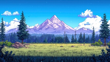 Scenic mountain landscape with lush greenery and tall trees under a clear blue sky.