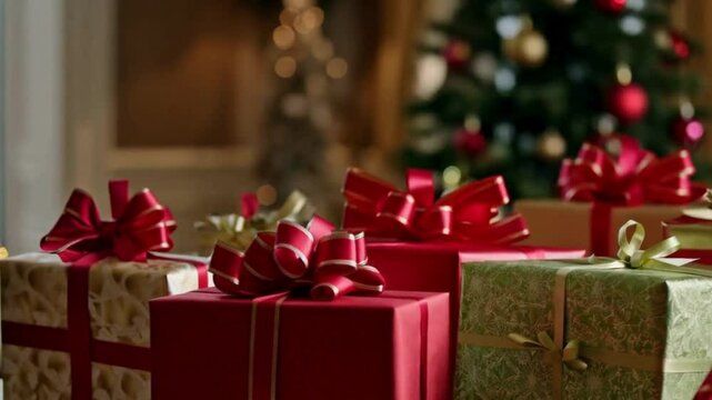 Close-up of Christmas presents wrapped in festive paper and tied with bows