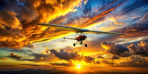 An ultralight airplane's silhouette dances through a radiant sunset, set against a backdrop of fluffy clouds, embodying the spirit of flight and exploration.