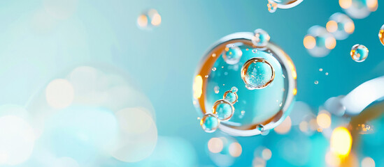 molecules and water drops on blue background