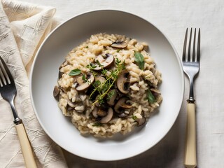 Italian Food. Delicious risotto with mushrooms in plate. Rice porridge with fungus and tmyne. Ai Generative.