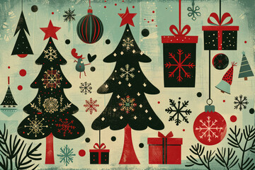 Christmas and New Year Postcard Wish. Trendy retro style. Tree, decorations, gifts, snowflakes.