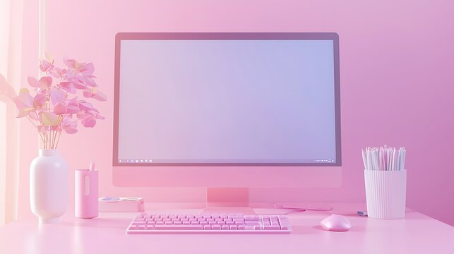 Minimalist Pink Desktop Workspace with Computer Keyboard and Flowers