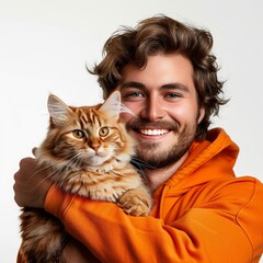 Obraz na płótnie Canvas A man is holding a cat and smiling