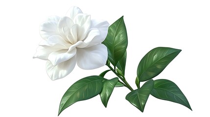 Obraz premium White Gardenia Flower with Green Leaves Isolated on White Background