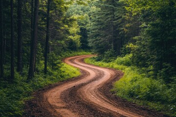 Naklejka premium Winding dirt road through forest. Perfect for illustrating adventure, journey, or nature.