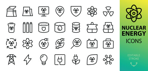 Nuclear energy isolated icons set. Set of nuclear power plant, graphite rods, small modular nuclear reactor, atomic research, generating electricity, atomic battery vectro icon with editable stroke