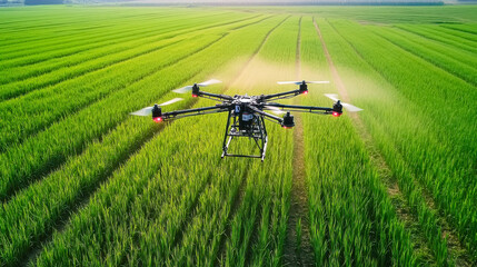 agricultural drone hovering over green field