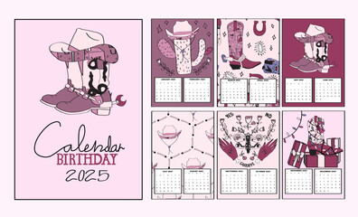 Cowgirl themed 2025 wall calendar. Cute birthday calendar yearly planner and desk calendar.