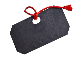 Black tag with red string for labeling or pricing items, perfect for sales or promotions. Ideal for retail settings, this tag adds touch of elegance to any product display