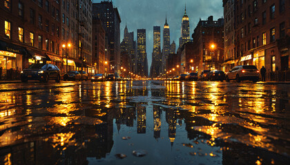Naklejka premium Reflets urbains sous la pluie