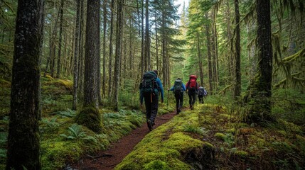 Obraz premium Hikers trekking through a lush forest path surrounded by tall trees and greenery.