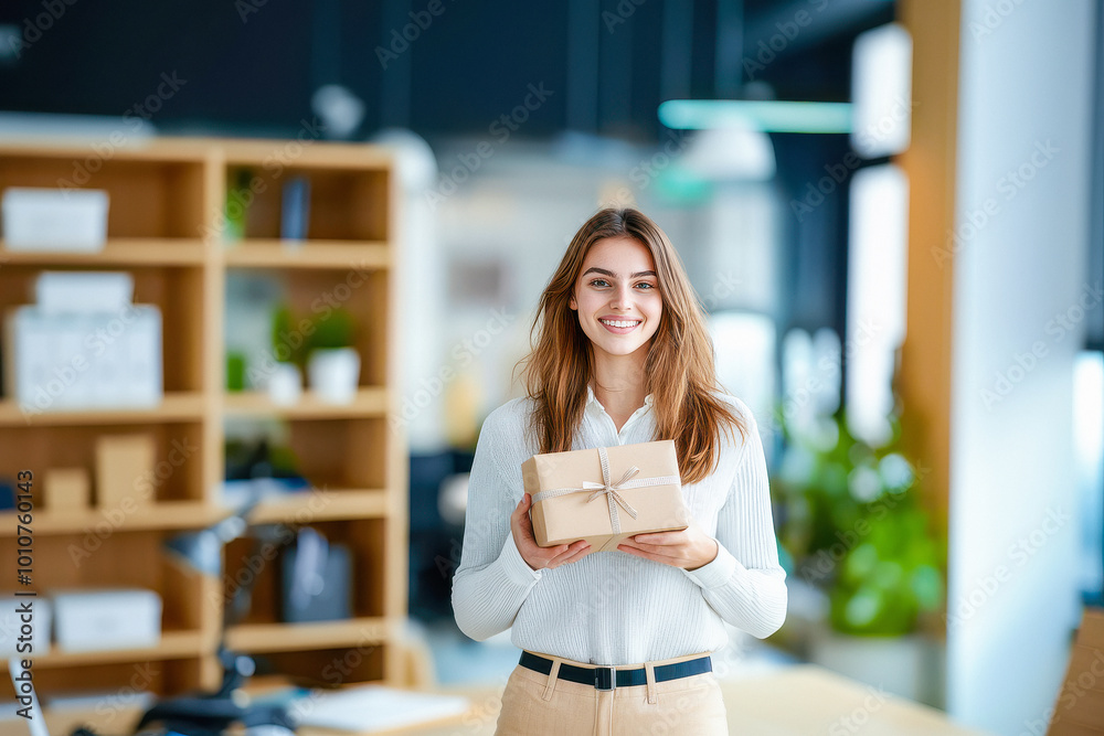 Canvas Prints young beautiful business woman holding gift box at office