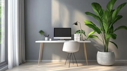 Contemporary home office with a minimalist desk, computer setup, and large plant for decor. 3D Rendering. 