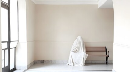 A mysterious figure draped in white sits silently on a bench in a minimalist hallway.