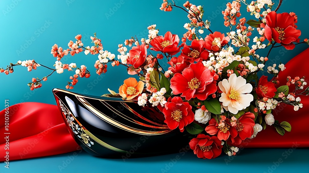 Wall mural Red and White Flowers in Black Vase on Teal and Red Background