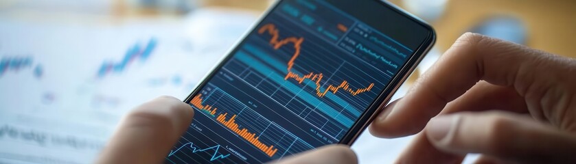 A close-up of a person analyzing financial data on a smartphone, showcasing modern technology and stock market trends.