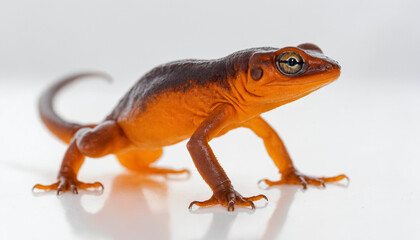 Fototapeta premium Macro view of a newt, capturing its smooth skin and vibrant colors on a bright white background.