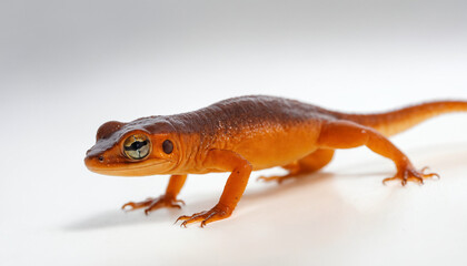 Obraz premium Macro view of a newt, capturing its smooth skin and vibrant colors on a bright white background.