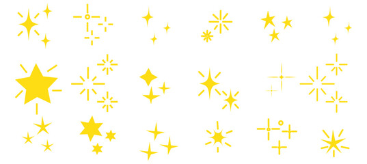 Set of Twinkle stars. Shiny twinkle sparks. Seamless pattern with stars. Yellow, orange sparkles symbols vector. The set of sparkle stars icon. Glittering star vector. Glowing light effect stars