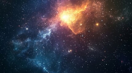 Dark space background with twinkling stars and a glowing galaxy, creating a vast cosmic scene. 